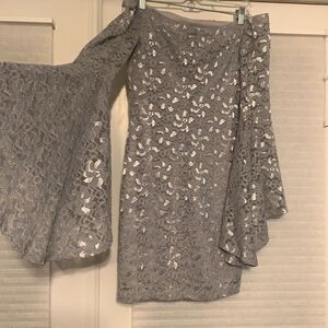 Honey and Rosie Gray Silver Lace Off Shoulder Peasant Sleeve Dress Large